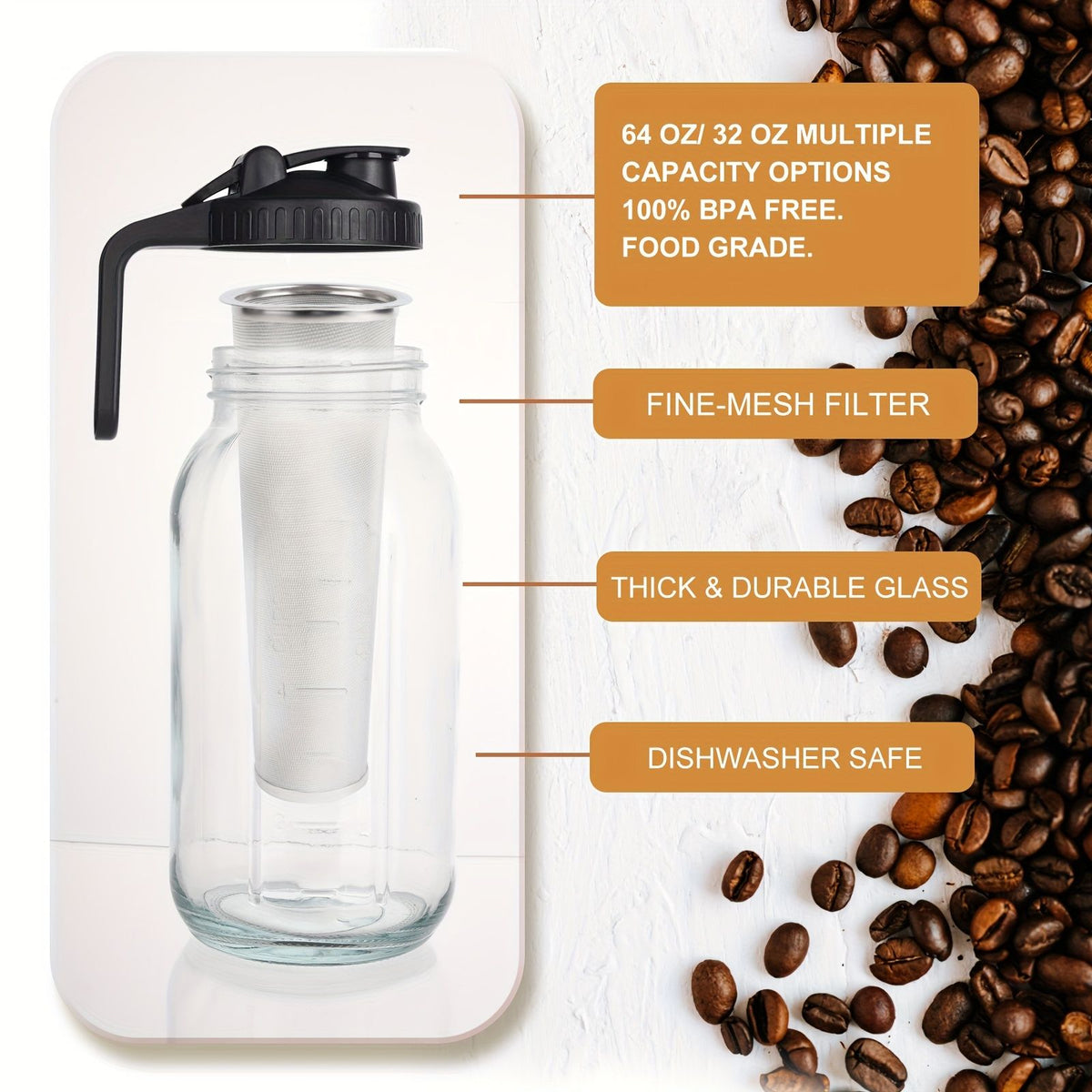 Glass Coffee Pot with Filter and Cleaning Brush
