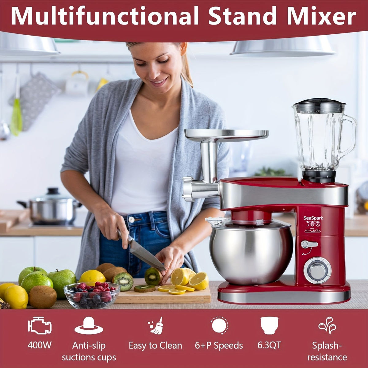 6-in-1 Electric Stand Mixer with 6.3-Quart Stainless Steel Bowl