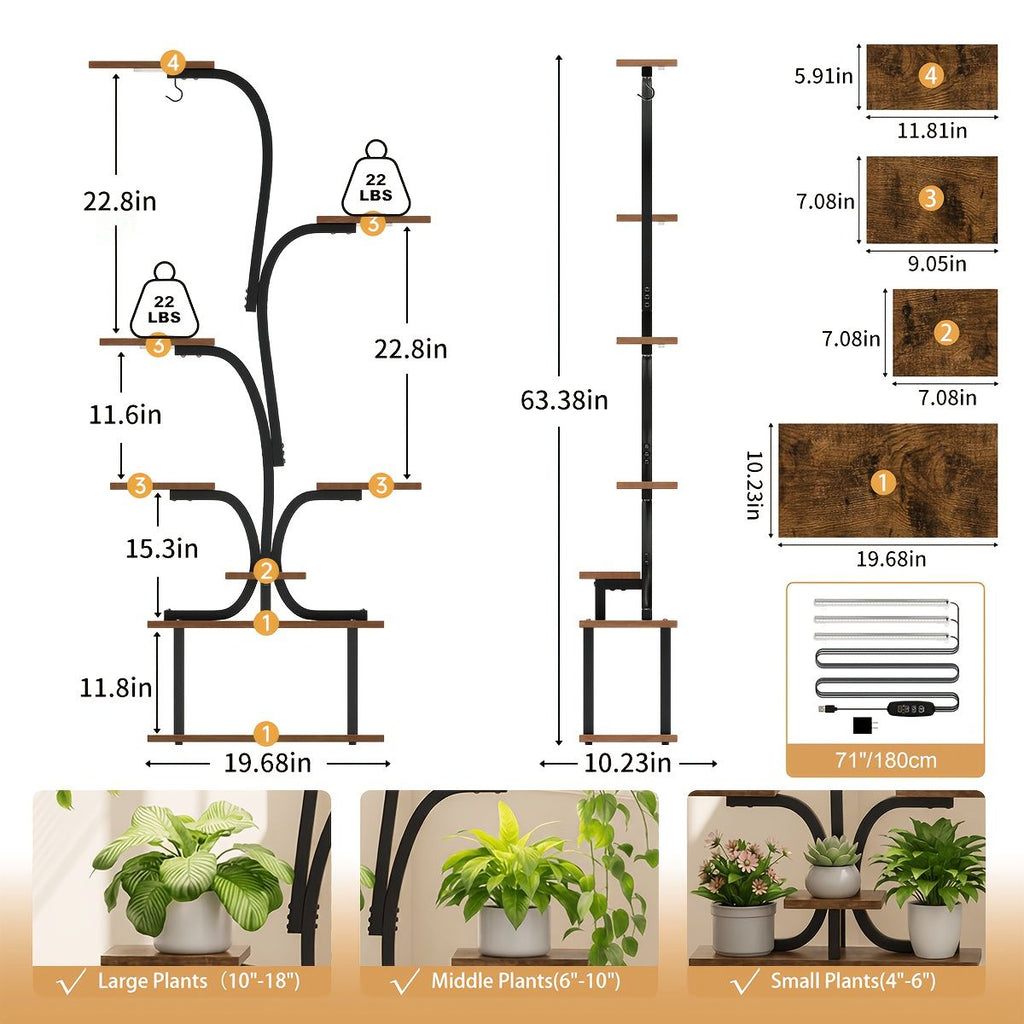 63-Inch 7-Tier Tree-Shaped Plant Stand with Grow Lights