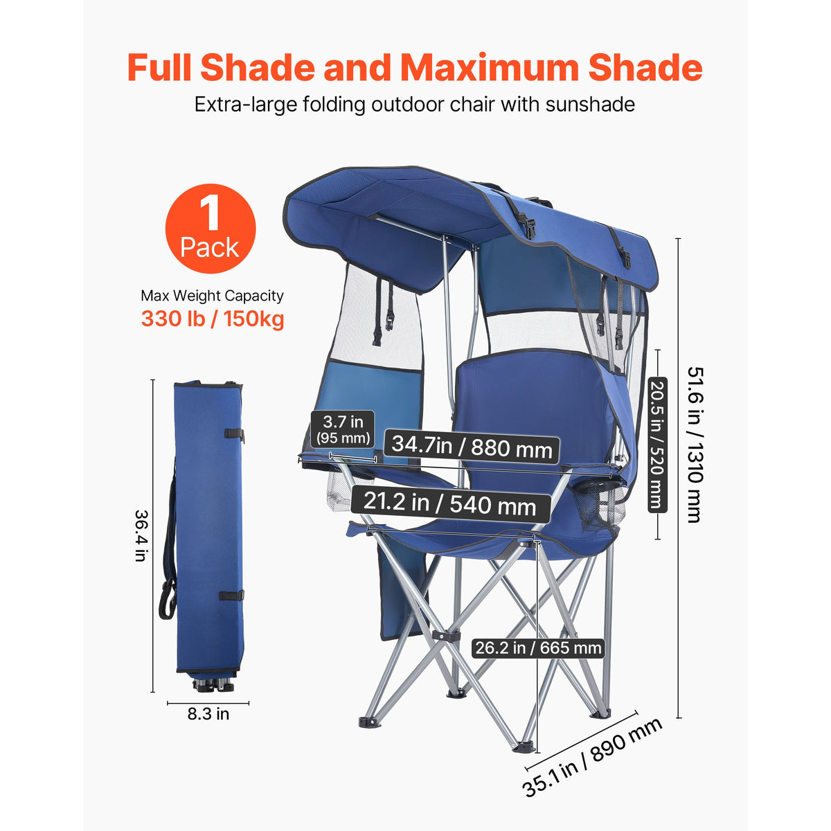 VEVOR Folding Camping Chair with Canopy Shade and Cup Holders