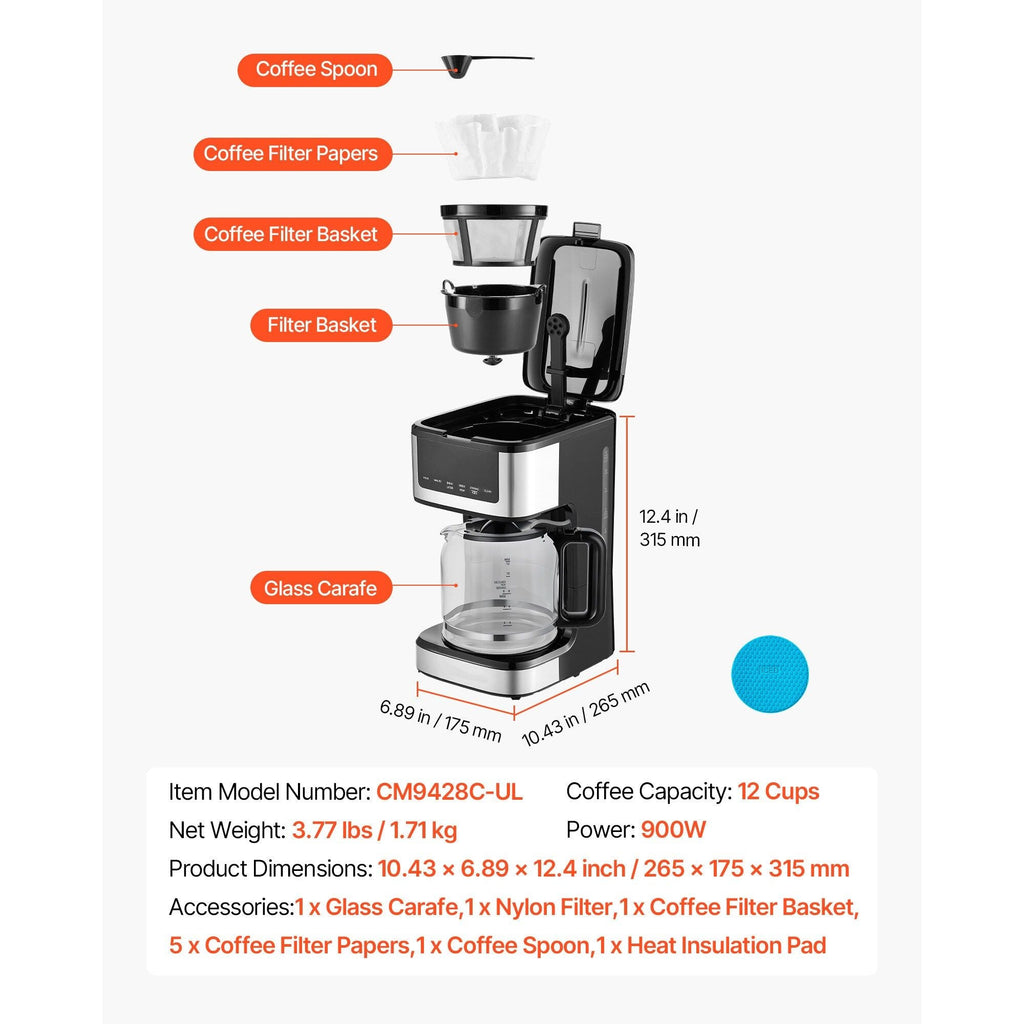 VEVOR 12-Cup Programmable Drip Coffee Maker