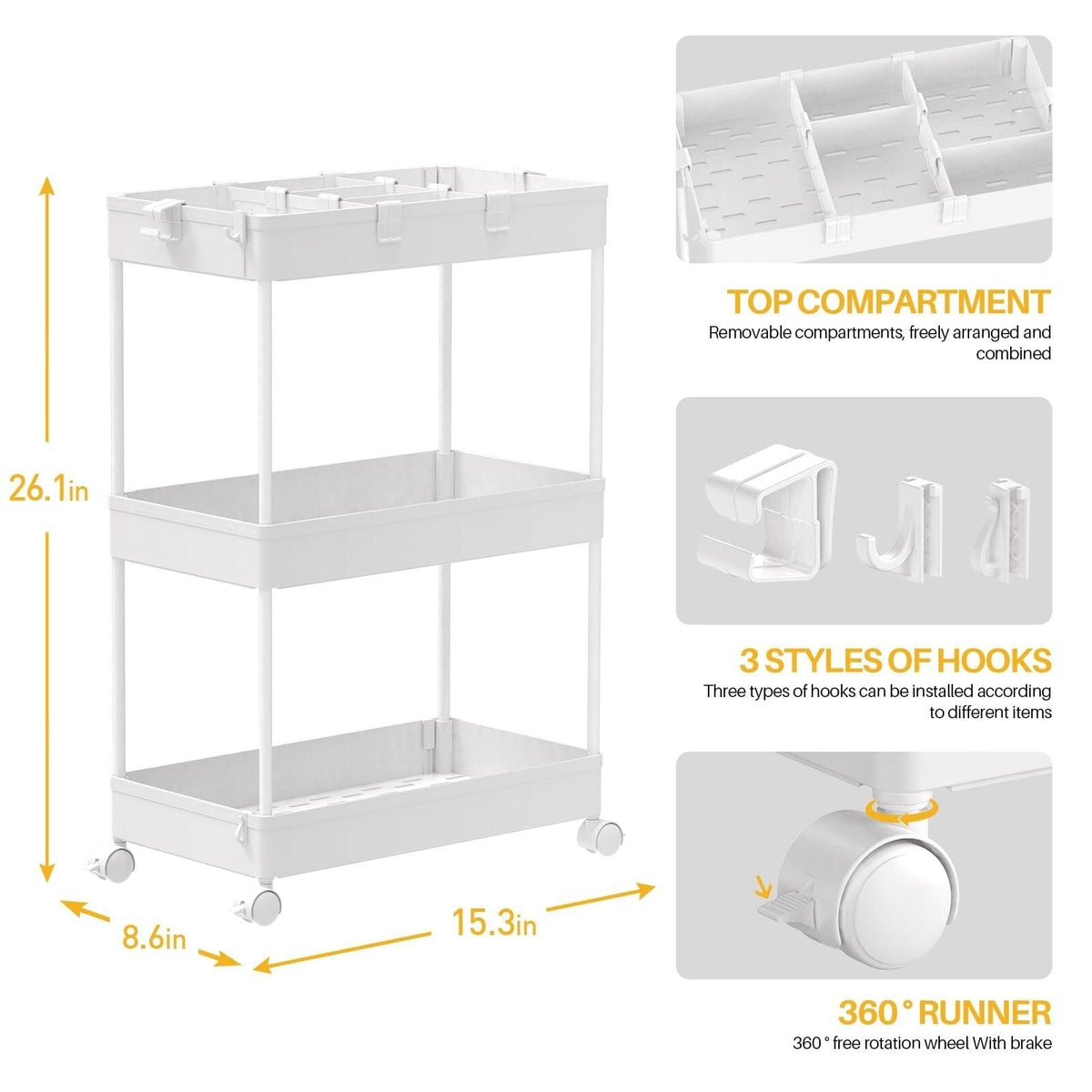 3-Tier Rolling Storage Cart Organizer