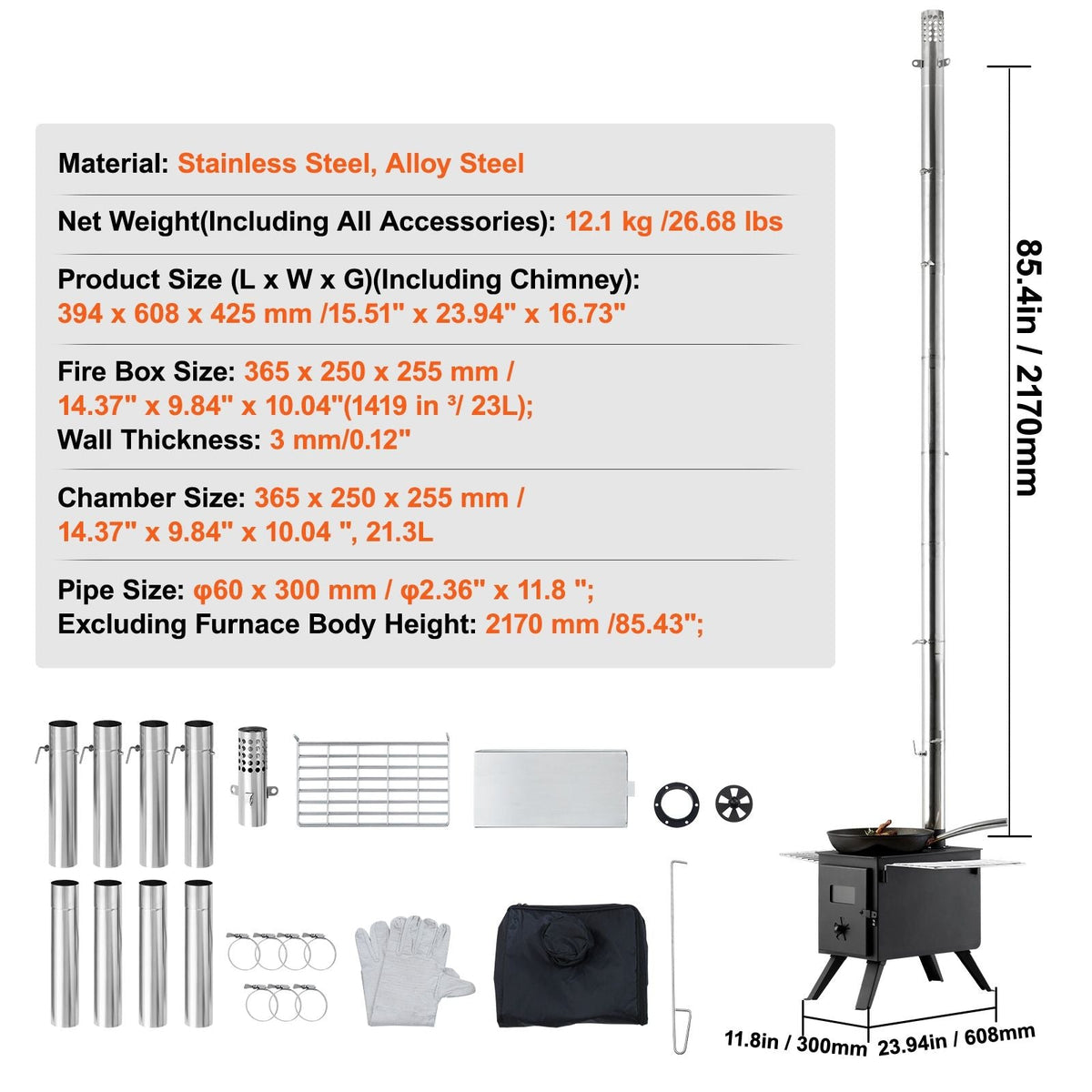 VEVOR Alloy Steel Camping Tent Wood Stove with Chimney Pipes and Gloves
