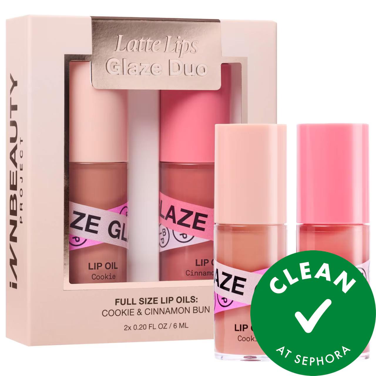 INNBEAUTY PROJECT Latte Lips Lip Oil Glaze Duo: Vegan, Cruelty-Free, Plumping & Moisturizing Nude Lip Gloss for a Natural, Glossy Look