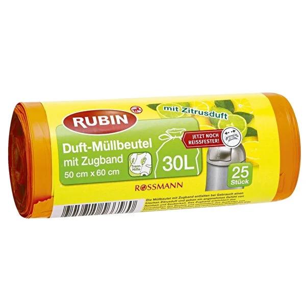 Rubin Lemon Scented Trash Bags 30L, 50x60cm, Pack of 25 - Durable Drawstring Waste Bags
