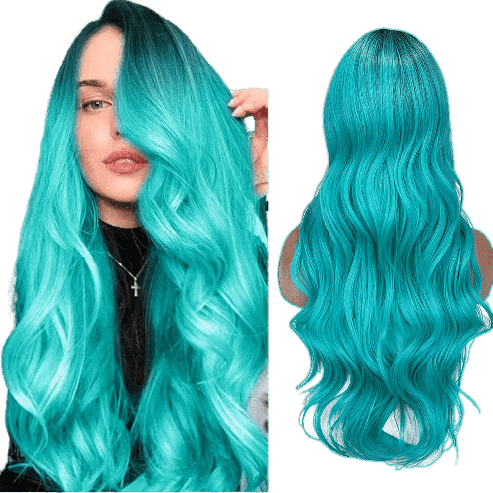 Long Wavy Side Part Wig Ombre Bluish Green Color Heat Resistant
