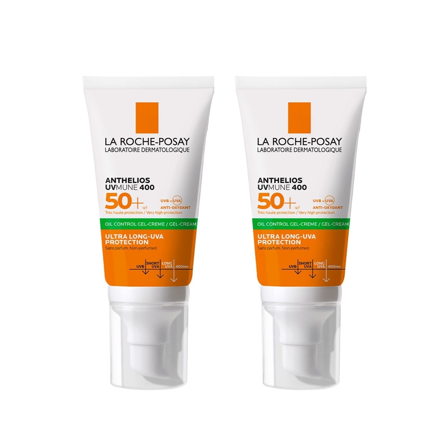 La Roche-Posay Anthelios UVMune400 SPF 50+ Oil Control Sunscreen - 2 x 50ml - UVA/UVB Protection for Oily, Acne-Prone Skin
