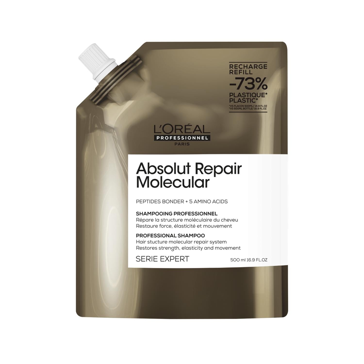 L'Oreal Professionnel Absolut Repair Molecular Shampoo Refill - Deeply Cleanses & Repairs Damaged Hair, Professional Hair Care - 500ml