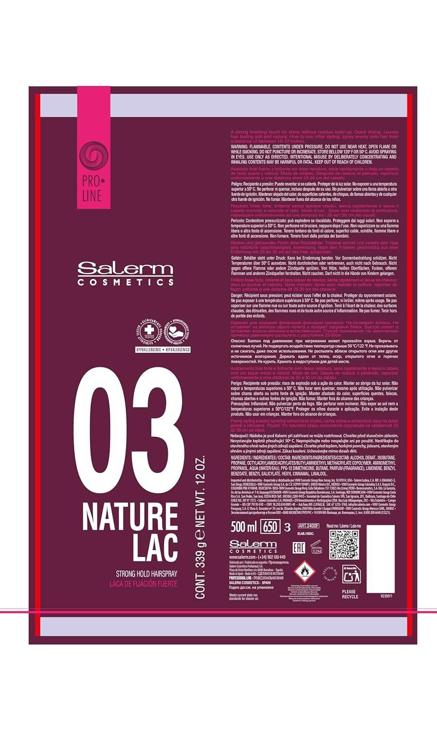 Salerm Pro Line 03 Nature Lac Strong Hold Hairspray 650 ml
