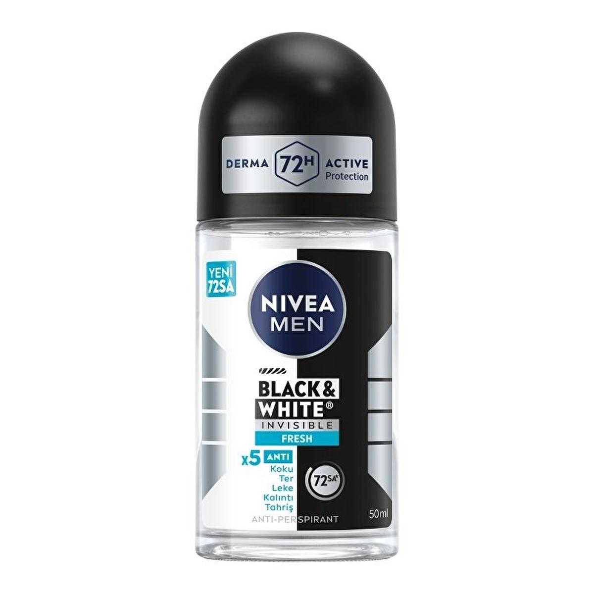Nivea Men Black & White Invisible Fresh Deodorant Roll-On - Long Lasting Anti-Perspirant Protection for Men, 72 Hours Sweat & Odor Control, Anti-Stain, Dermatologically Tested