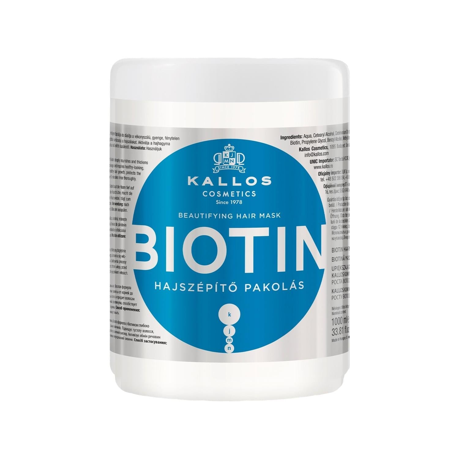 Kallos Cosmetics Biotin Beautifying Hair Care Mask - Nourishing, Protective, 1000ml