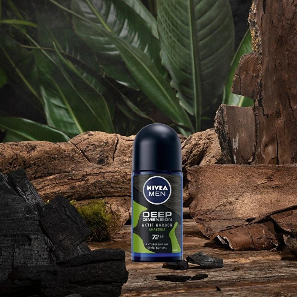 Nivea Men Deep Dimension Amazonia Roll-on Deodorant - Long Lasting Anti-Perspirant Protection for Men, 72 Hours Freshness, Masculine Scent