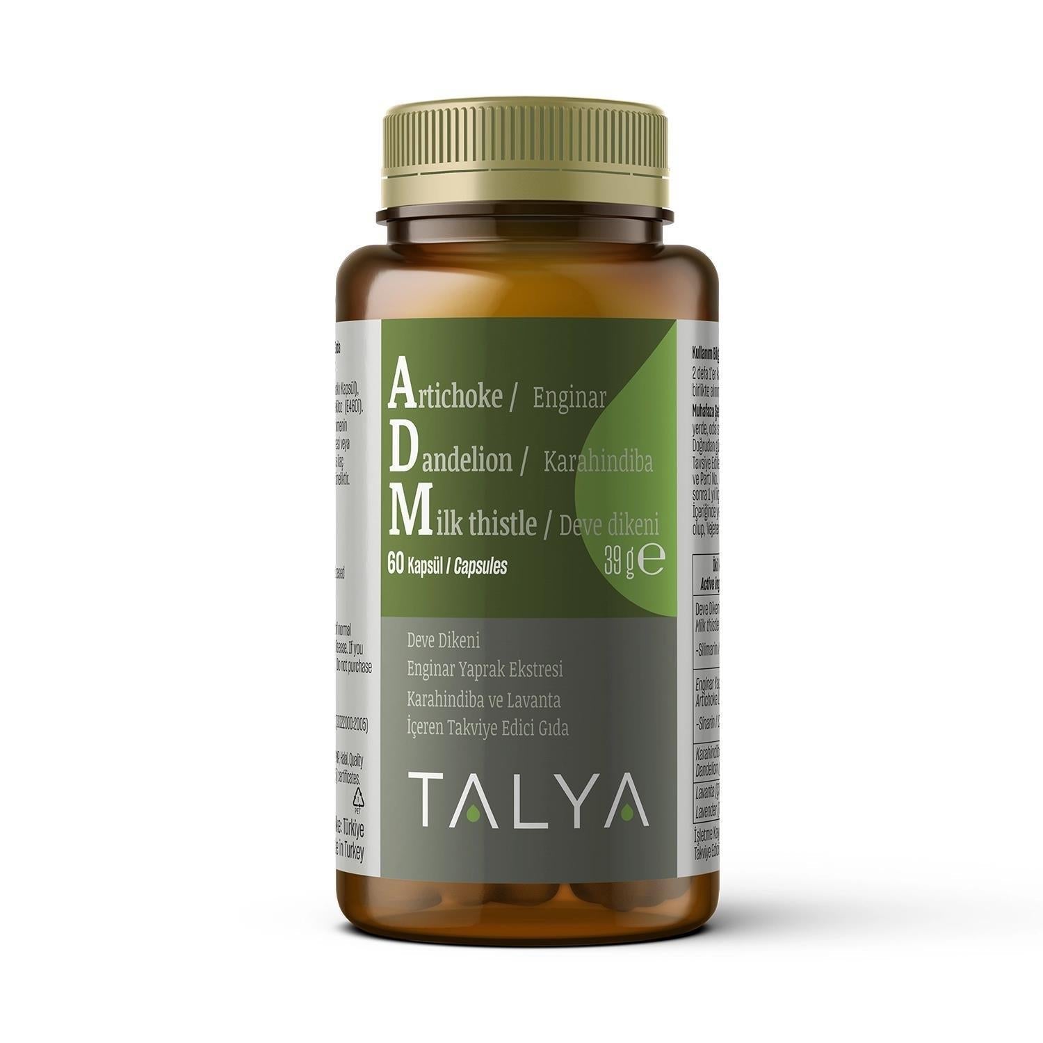 Talya Adm Artichoke Dandelion Milk Thistle Dietary Supplement - 60 Capsules for Liver & Digestive Health Support