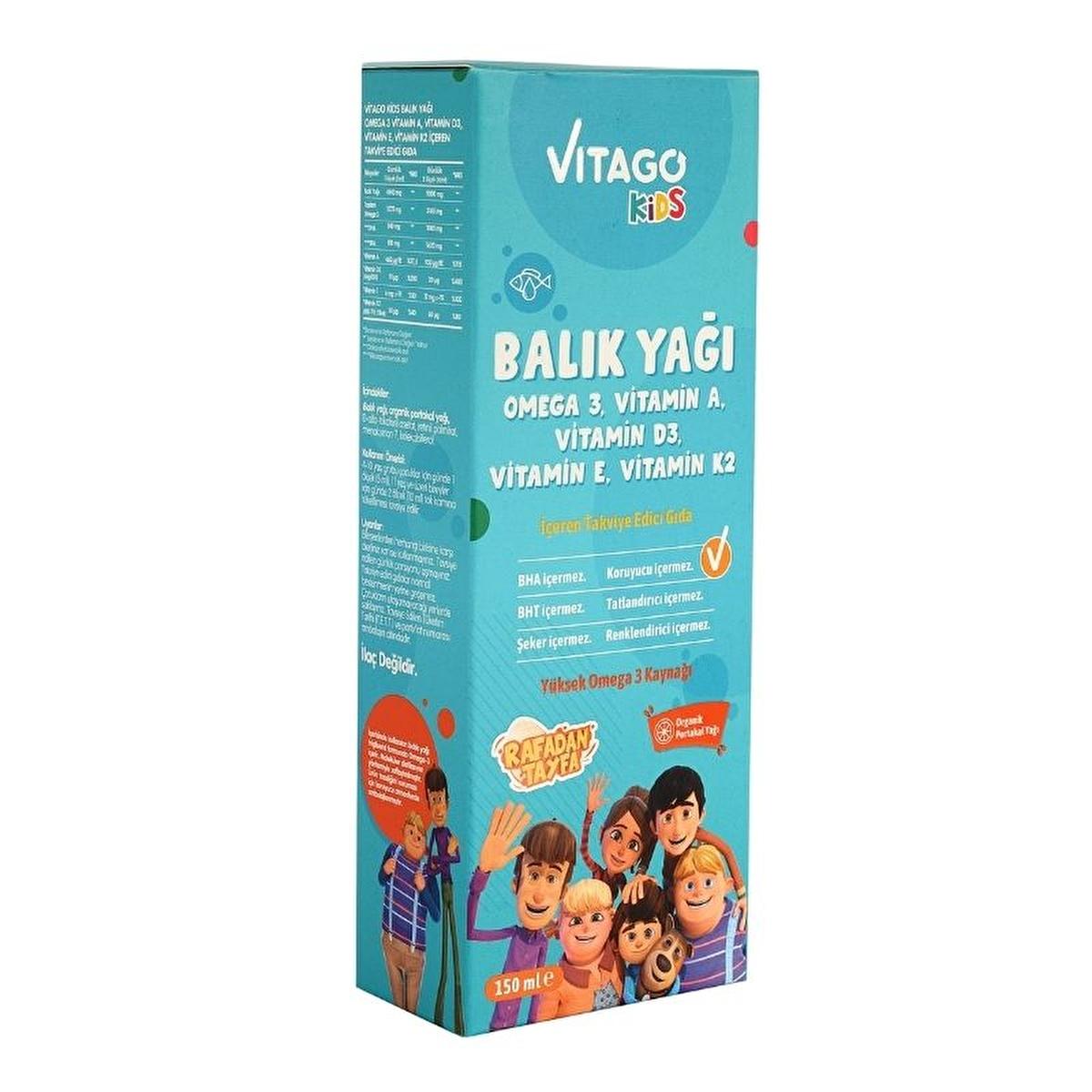 Vitago Kids Omega-3 Fish Oil Syrup with Vitamins A, D3, E, K2 - Delicious Orange Flavor for Brain Development & Immunity - 150ml