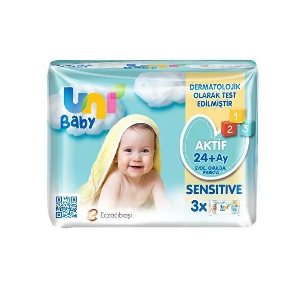 Uni Baby Wipes Aktif Sensitive - Fragrance-Free, pH Balanced for Sensitive Skin, 24+ Months, 3x52 Count